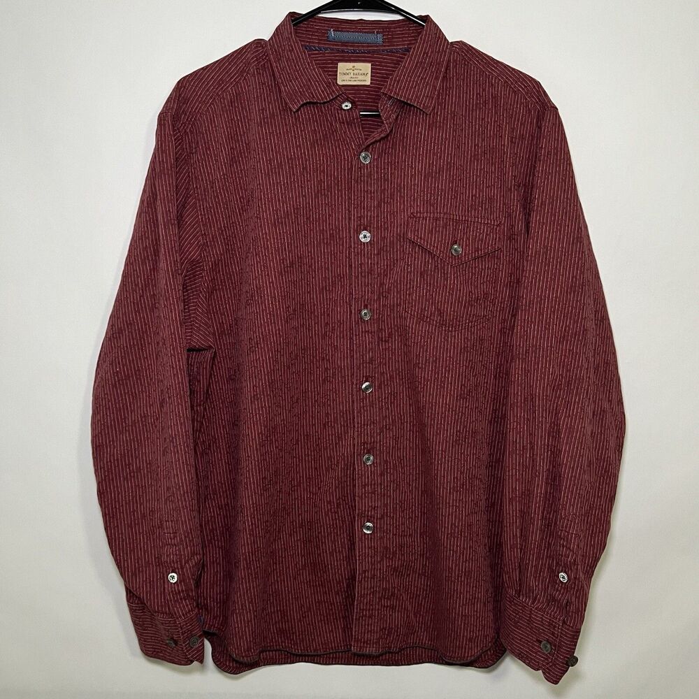 Tommy Bahama Jeans Button Up Shirt Men Size Large Red Striped Long Sleeve Pocket
